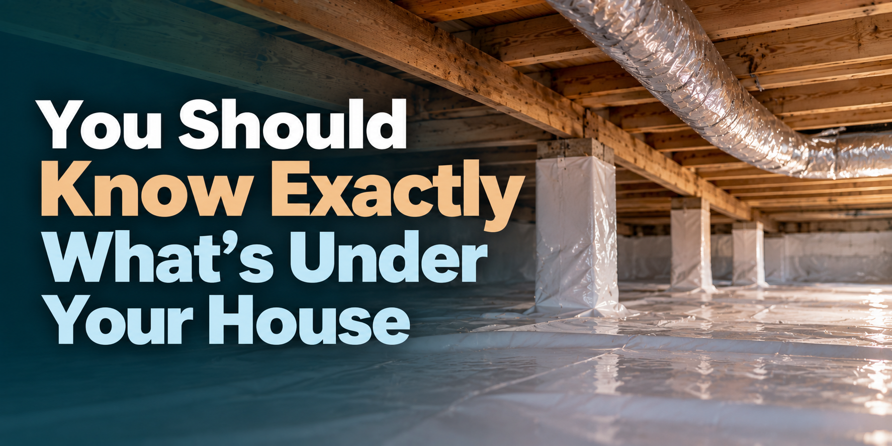 Text overlay in a flooded crawlspace: “You Should Know Exactly What’s Under Your House.”