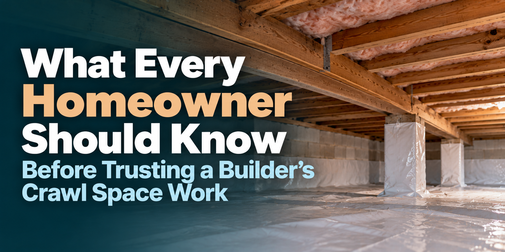 Text: “What Every Homeowner Should Know Before Trusting a Builder’s Crawl Space Work” over a crawl space photo