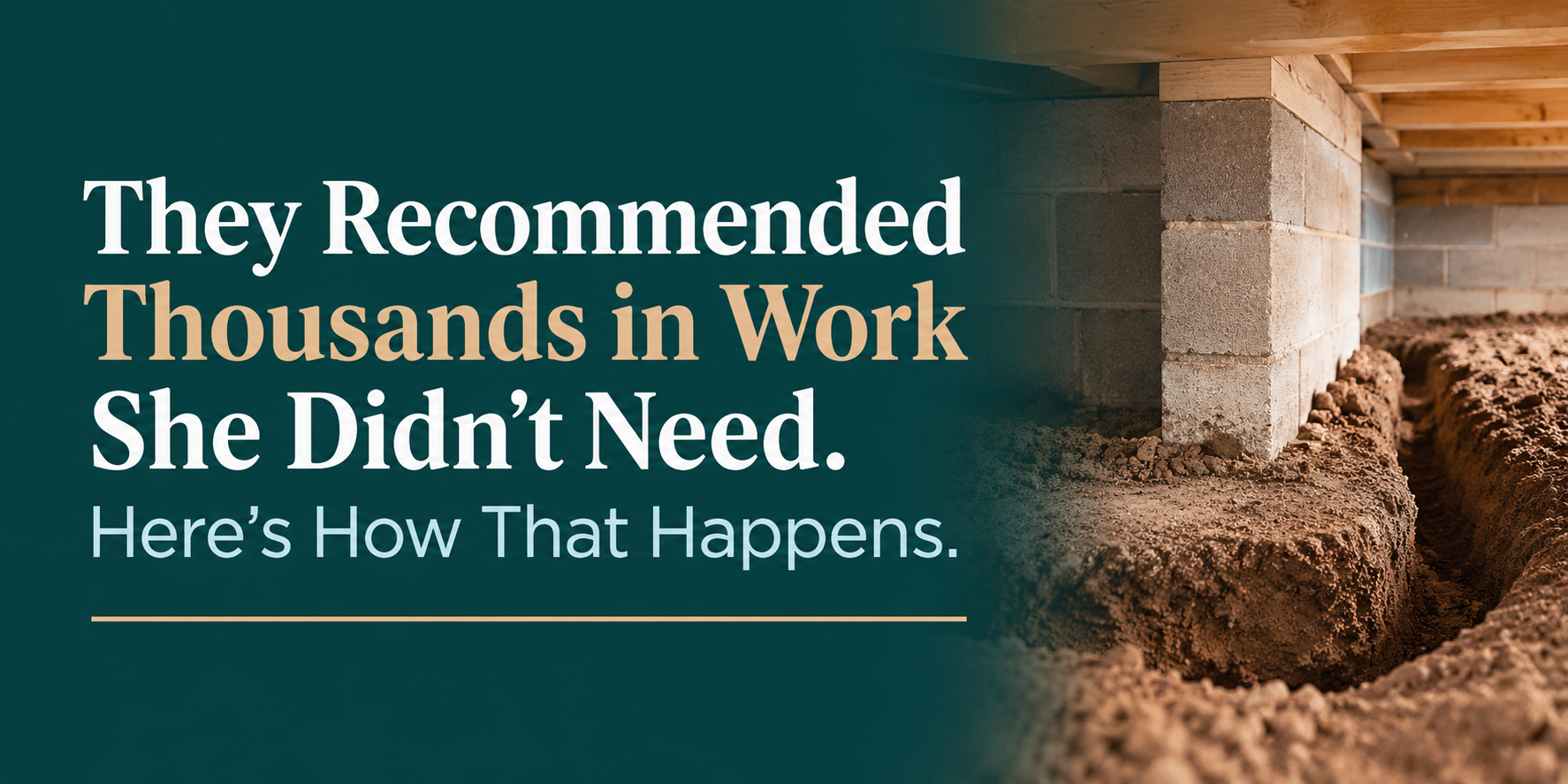 Text ad about excess work; worker in dirt beside headline on dark background.