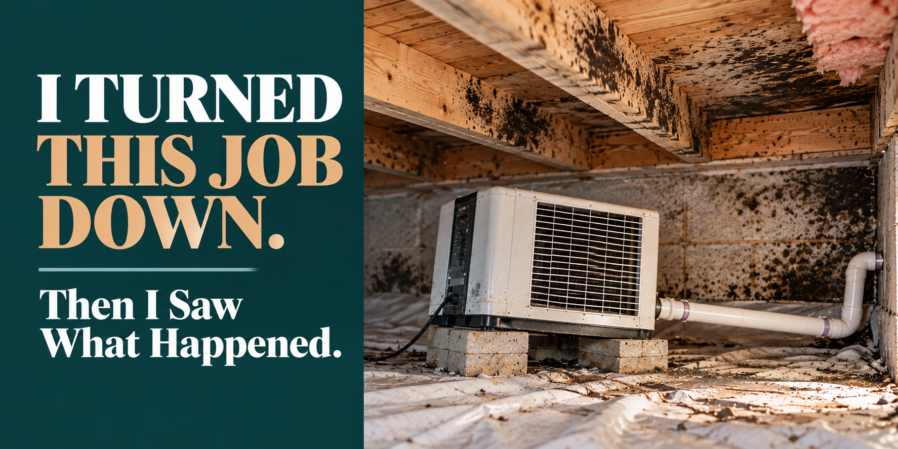 Text: “I TURNED THIS JOB DOWN. Then I Saw What Happened.” in a damaged room with a white HVAC unit.