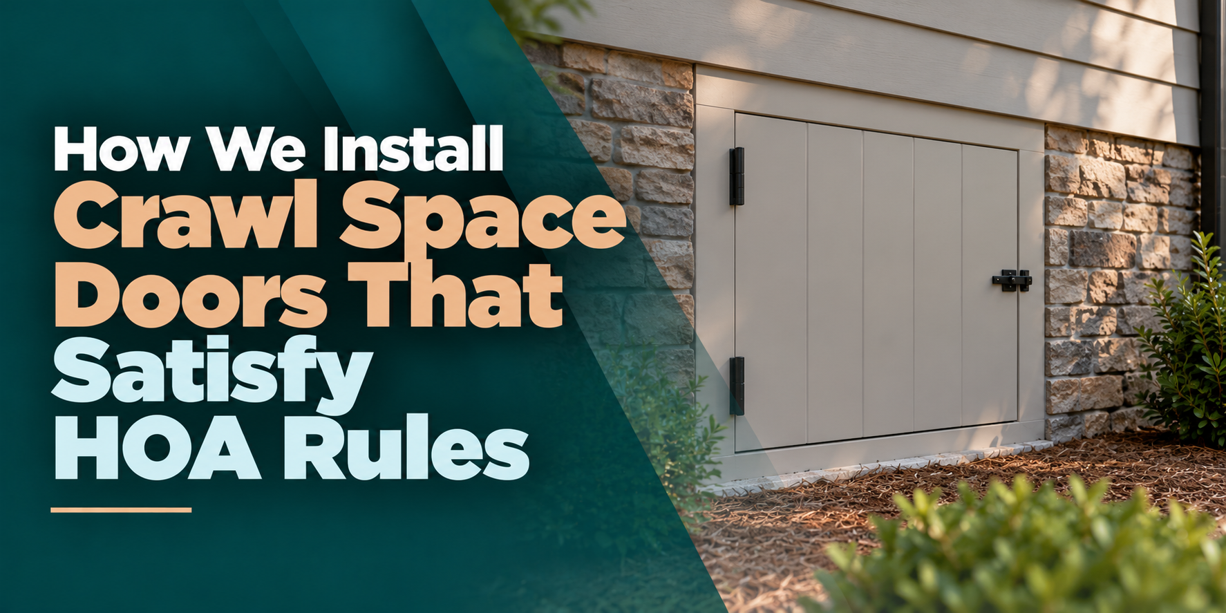Crawl space door on a house exterior with text: “How We Install Crawl Space Doors That Satisfy HOA Rules.”