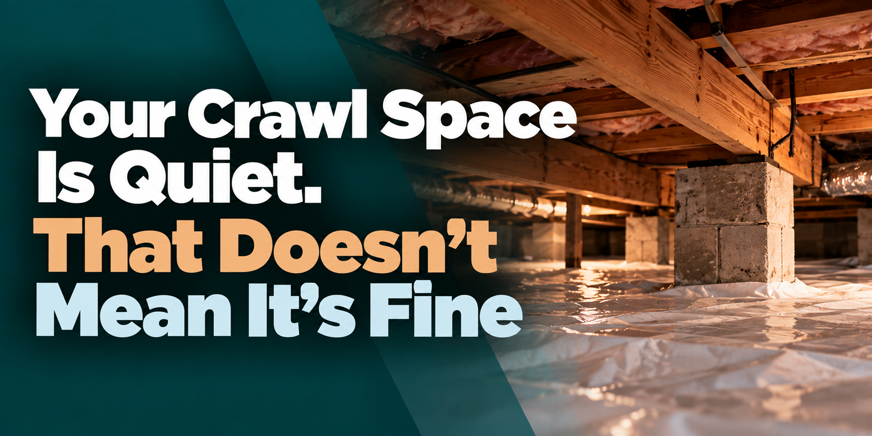 Crawl space with standing water and bold text: “Your Crawl Space Is Quiet. That Doesn’t Mean It’s Fine.”