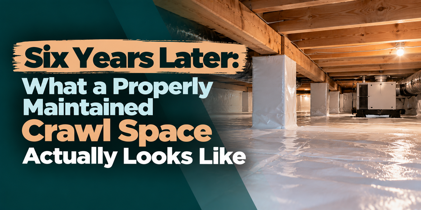 Crawl space with plastic vapor barrier and exposed beams, overlaid with text: “Six Years Later: What a Properly Maintained Crawl Space Actually Looks Like”