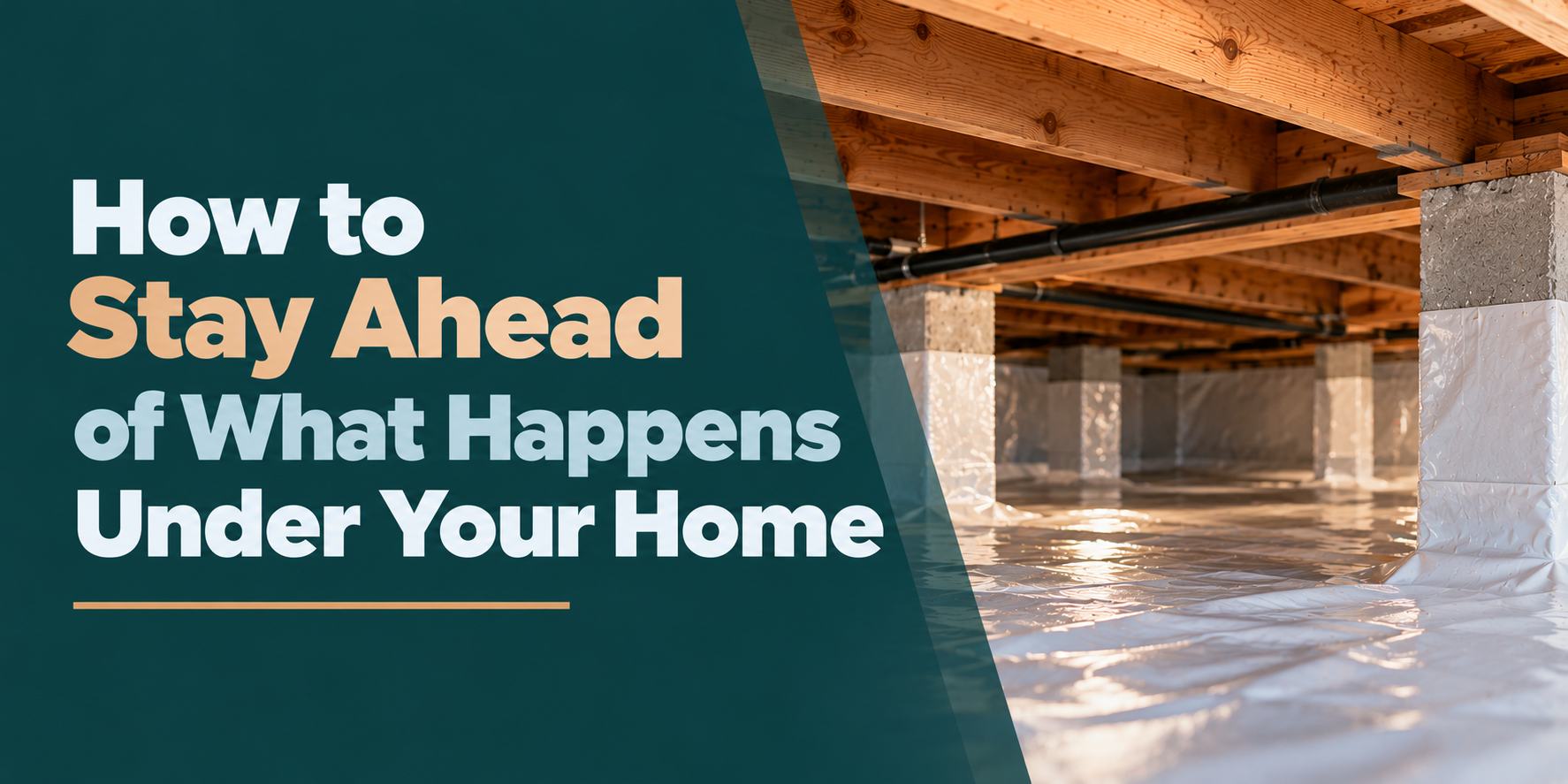 Text overlay: “How to Stay Ahead of What Happens Under Your Home” on a crawlspace with exposed beams and moisture.
