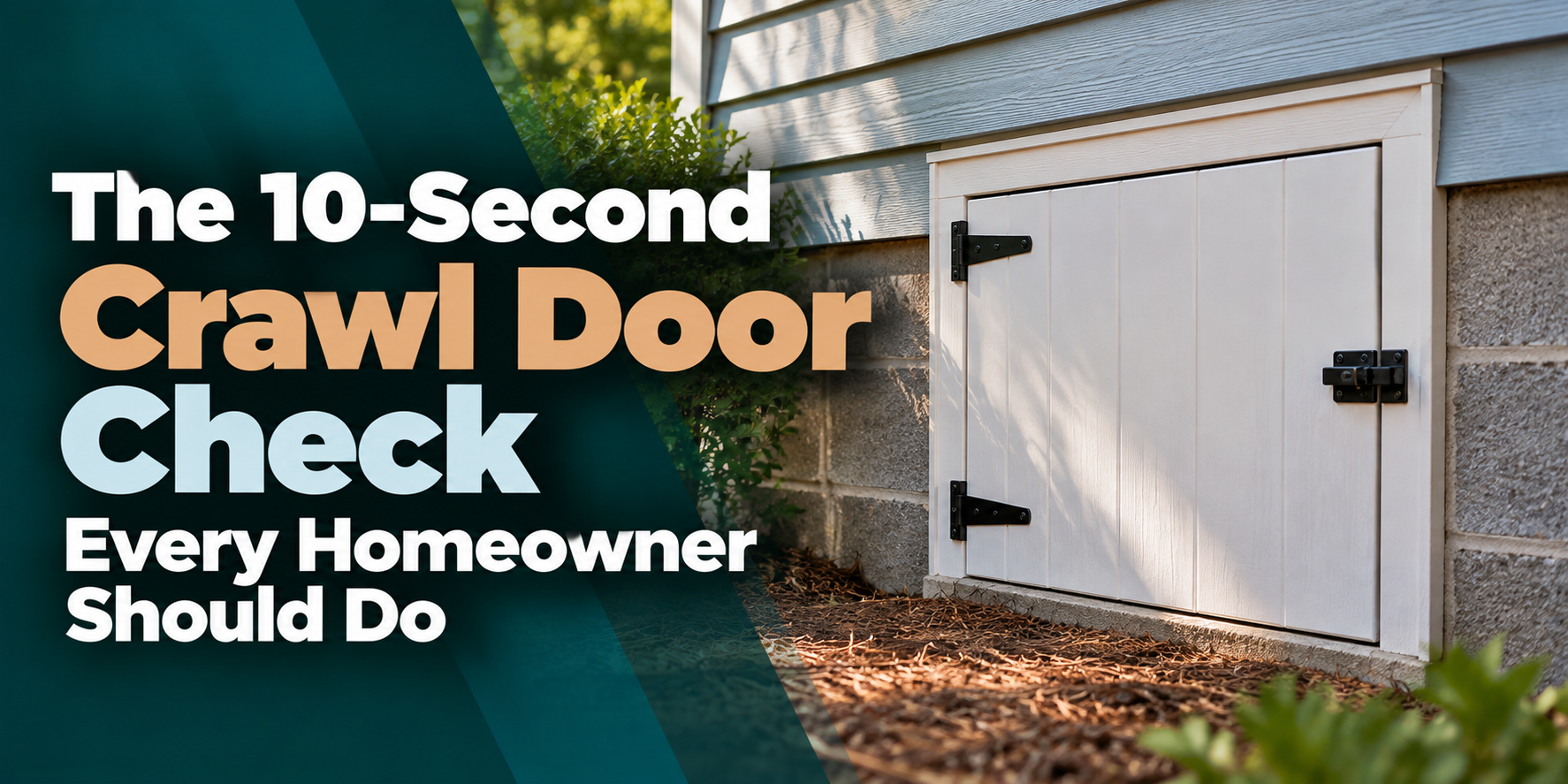 Text graphic: “The 10-Second Crawl Door Check Every Homeowner Should Do” beside a white crawlspace door.