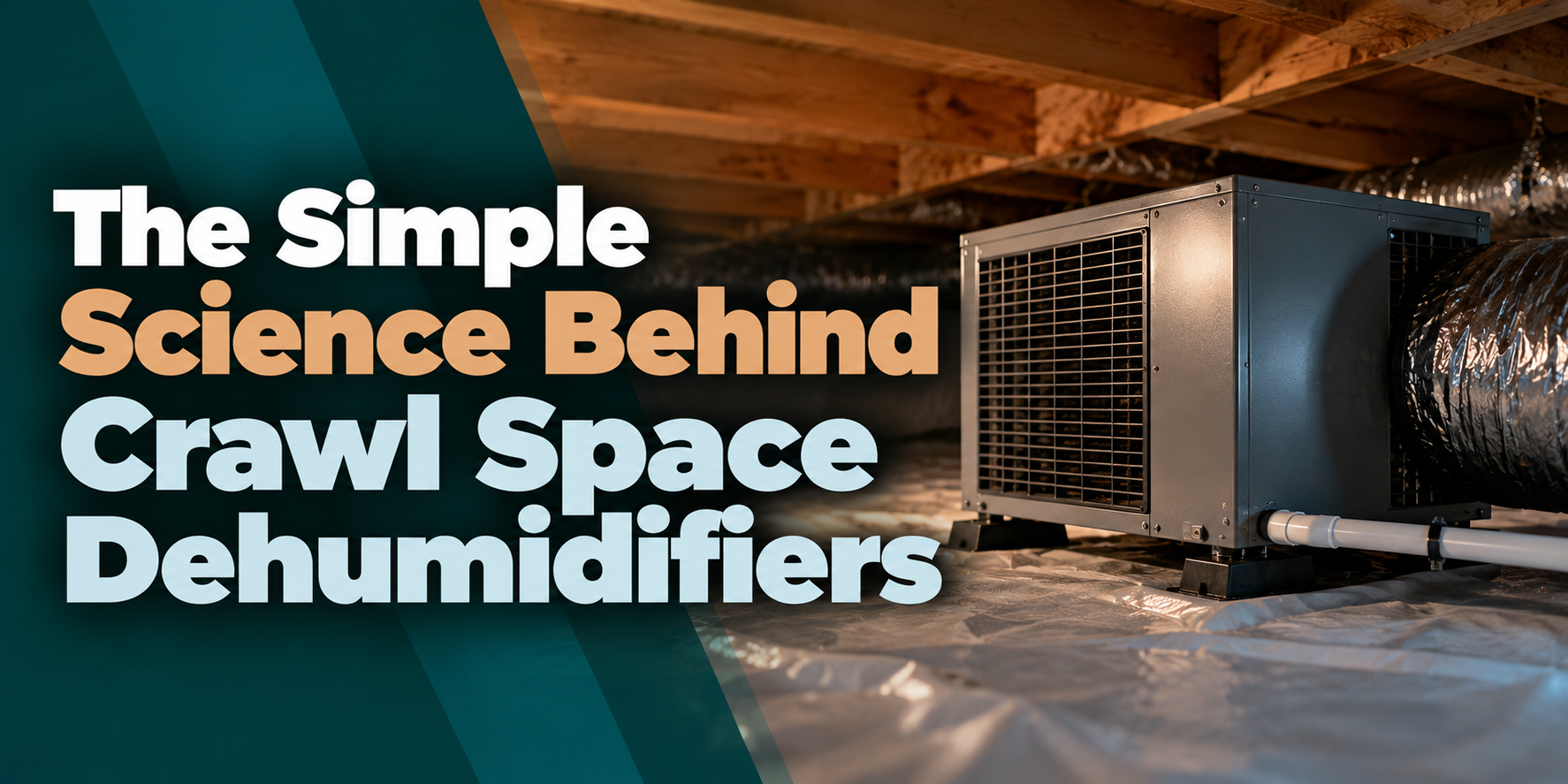 Crawl space with dehumidifier and ductwork under a house, titled “The Simple Science Behind Crawl Space Dehumidifiers”
