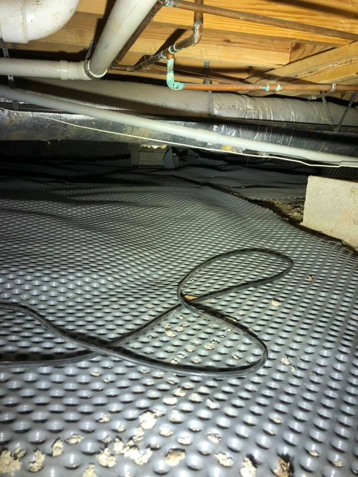 A black cord is laying on the floor of a basement.