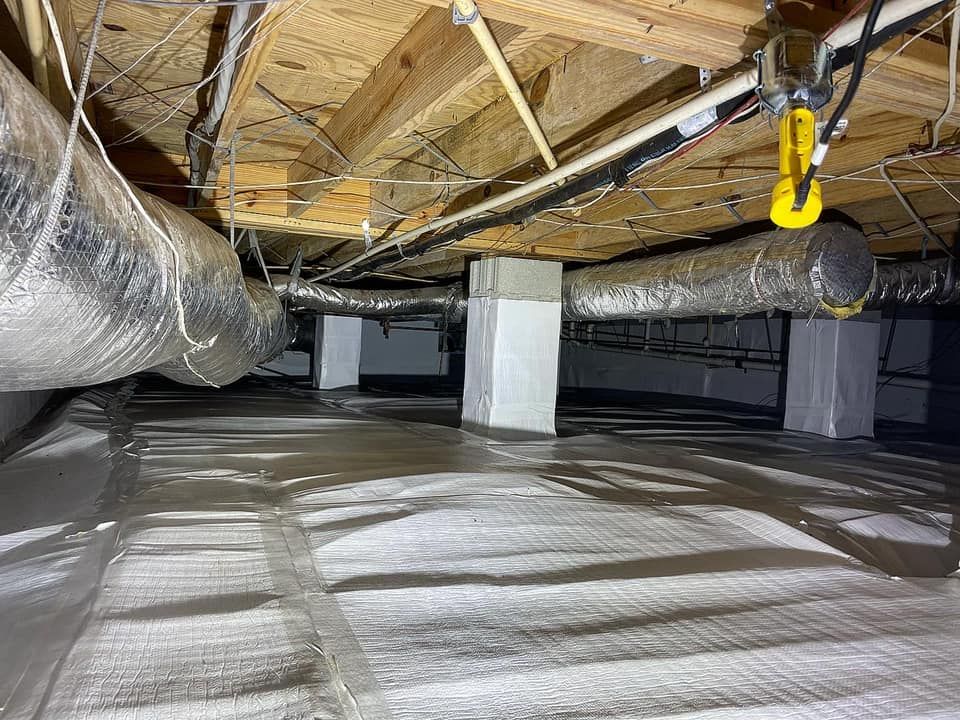A crawl space with a lot of pipes hanging from the ceiling.