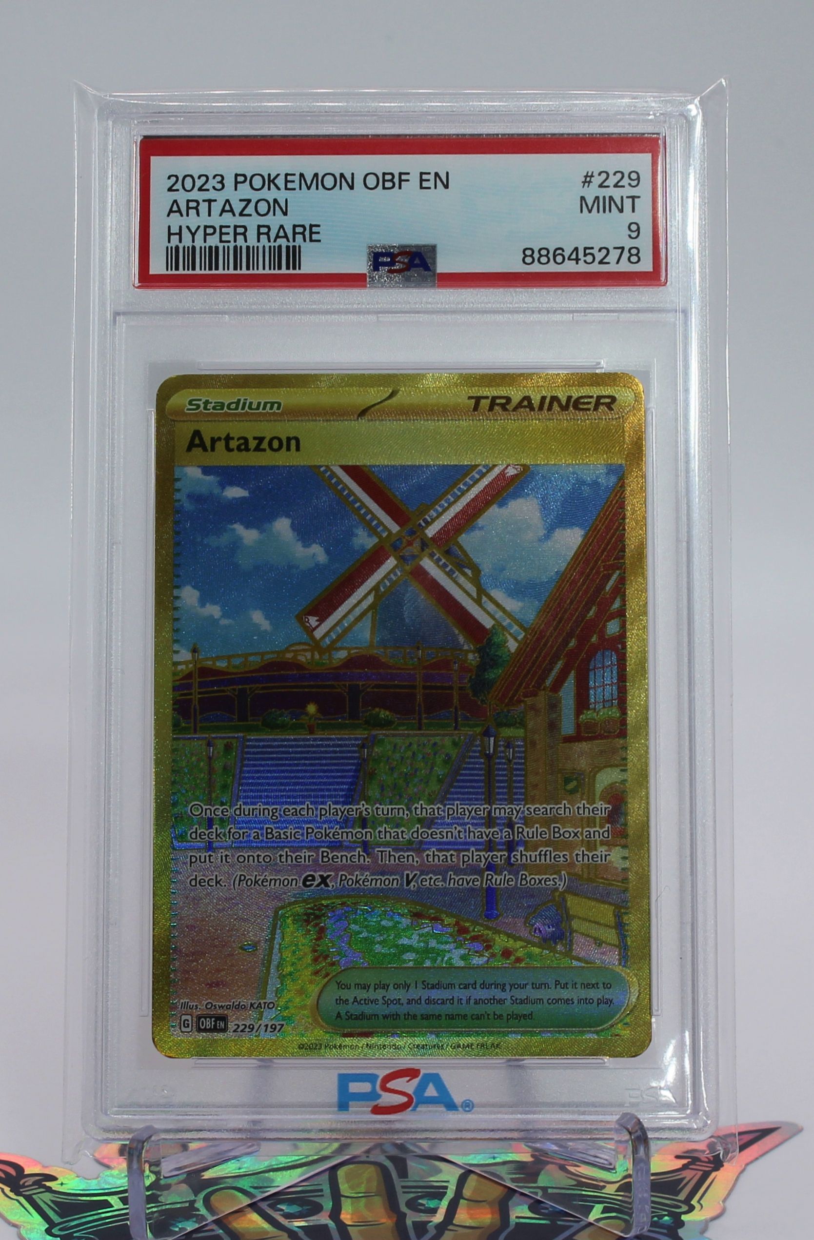 PME00003-PSA 9 MINT Pokémon 2023 Artazon Gold Hyper Rare 229/197 Obsidian Flames Holo