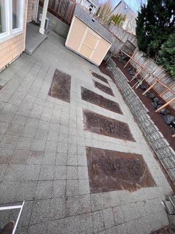 Asphalt shingle patio with rectangular stained sections. Shed and fence in background.