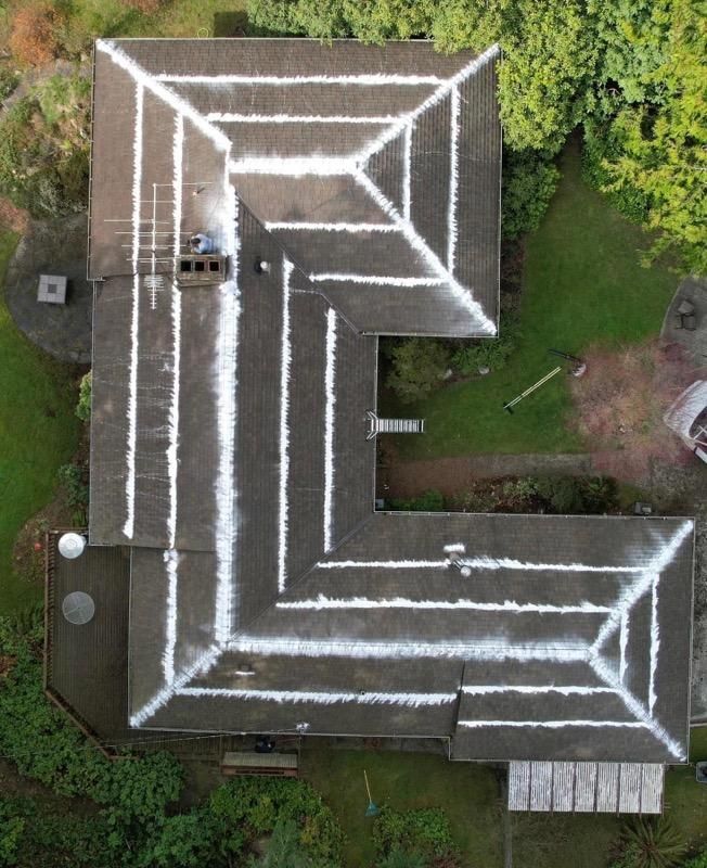 Aerial view of a house with white lines painted along the roof shingles, surrounded by trees and lawn.