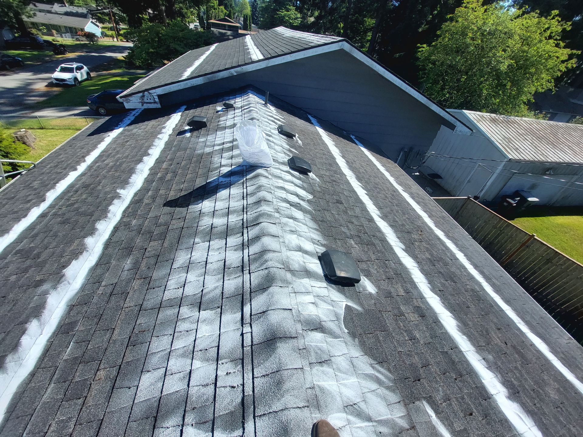 A bird's-eye view of a dark shingled roof with white streaks.