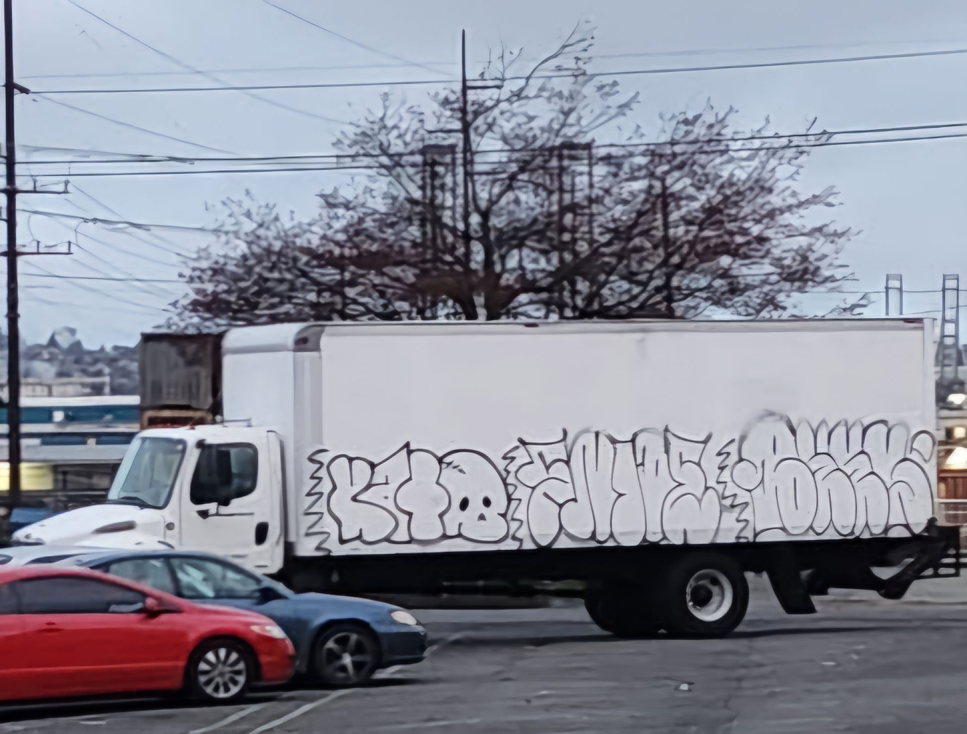White box truck with graffiti on the side, parked in a lot with cars and a tree.