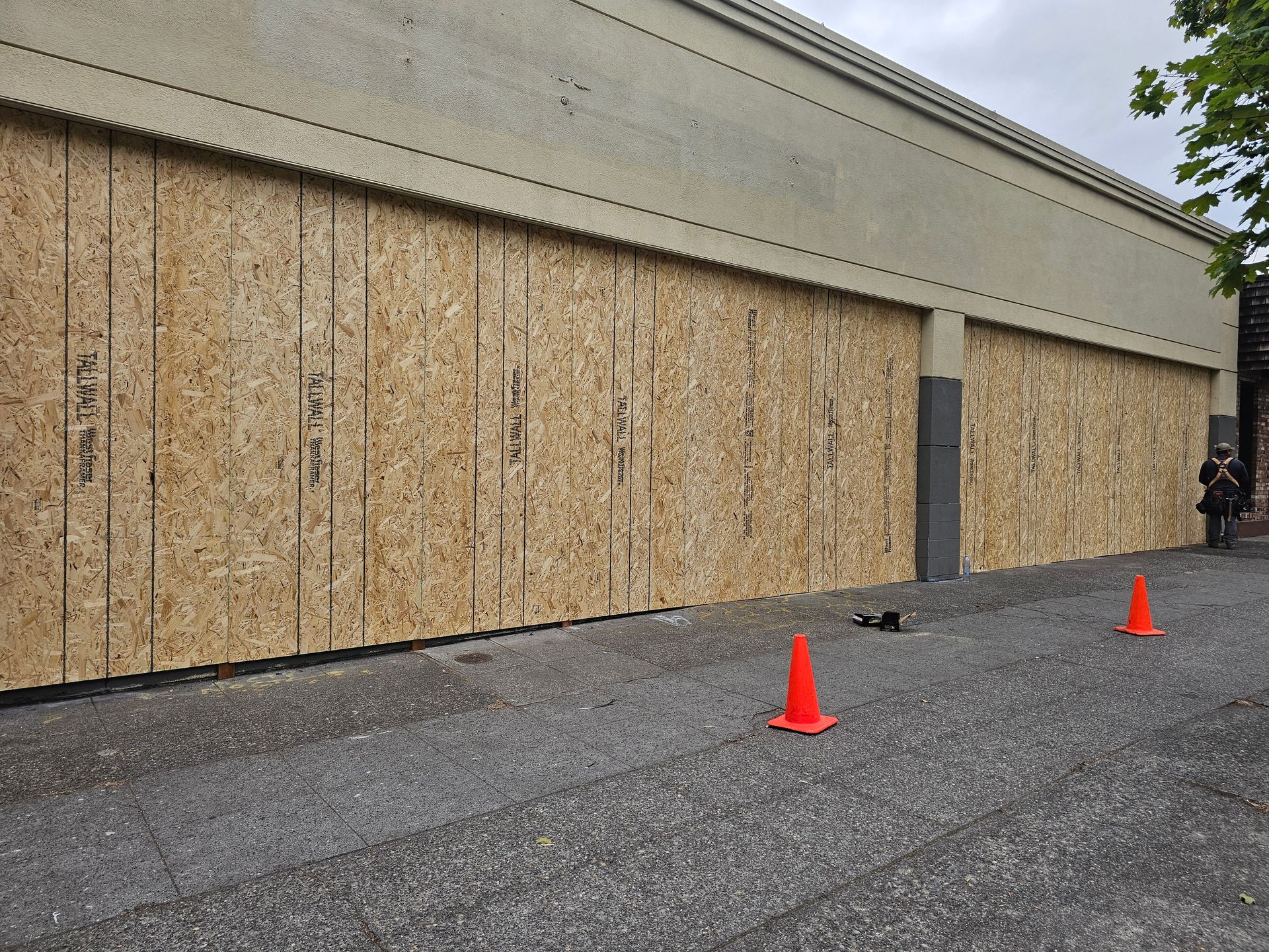 Building with boarded-up windows. Brown plywood covers the storefront. Two orange cones on the sidewalk.