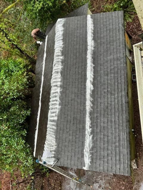 Person on roof power washing, leaving white streaks on dark asphalt shingles. Trees in background.