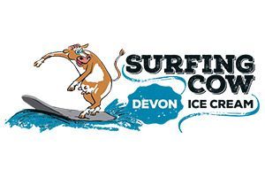 A cow is riding a surfboard in the water.