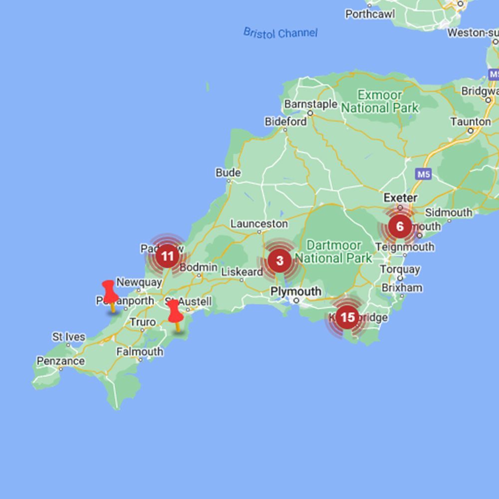 A map of the southwest coast of the united kingdom with pins on it.