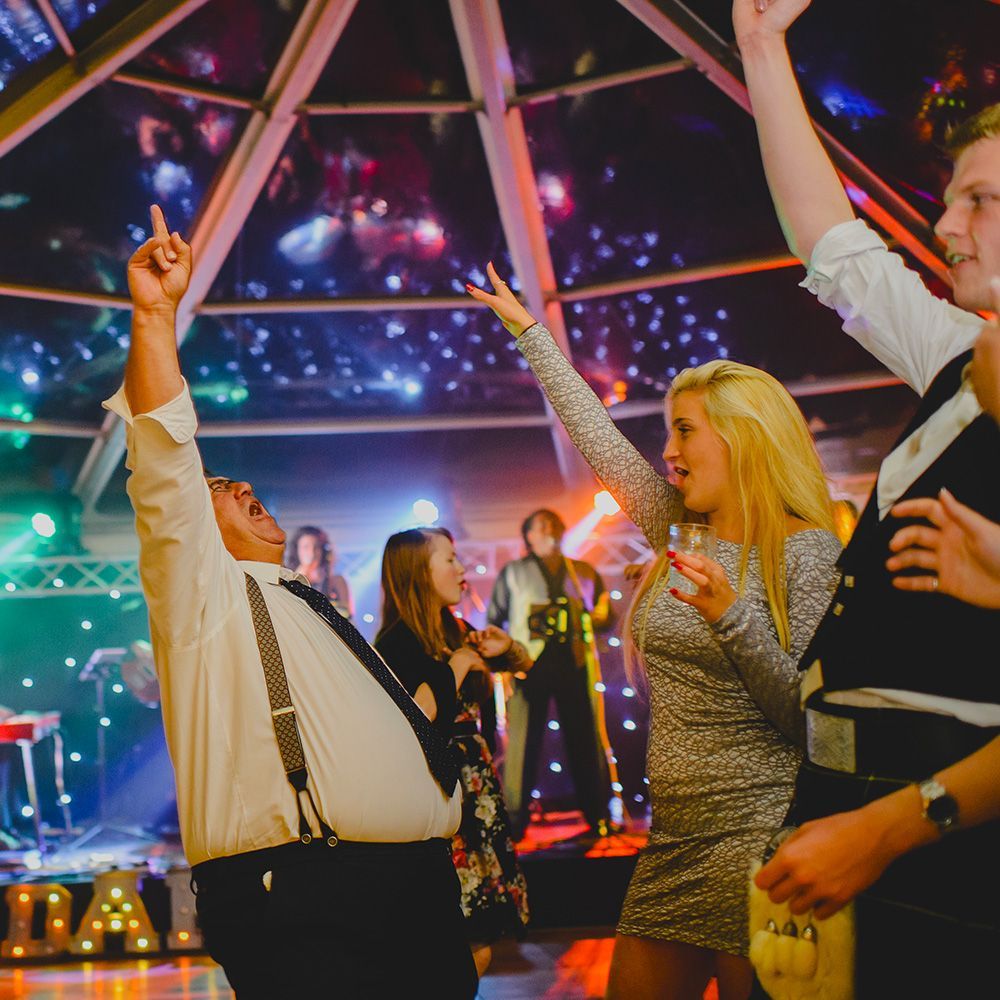 A group of people are dancing at a party with their arms in the air