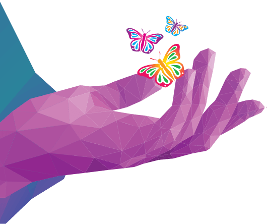A stylised, purple hand holds three colourful butterflies against a white background.