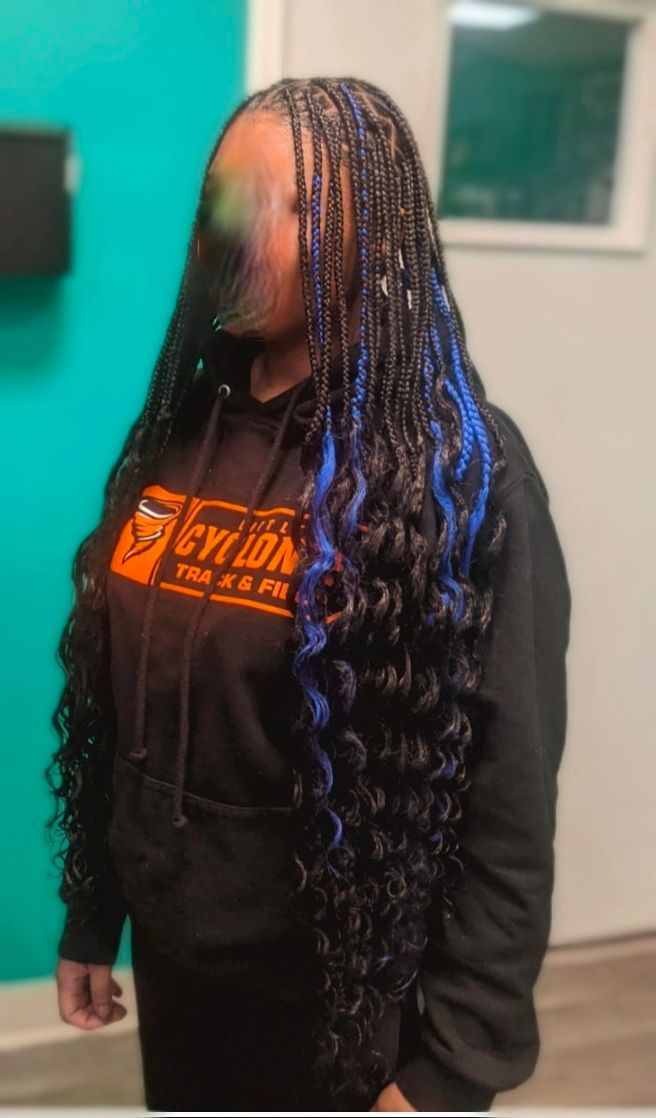Person with long, black braided hair, with blue accents and wavy ends, wearing a black hoodie.