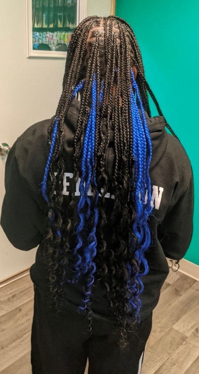Person with long black braids, with blue braids at the ends, wearing a black sweatshirt.