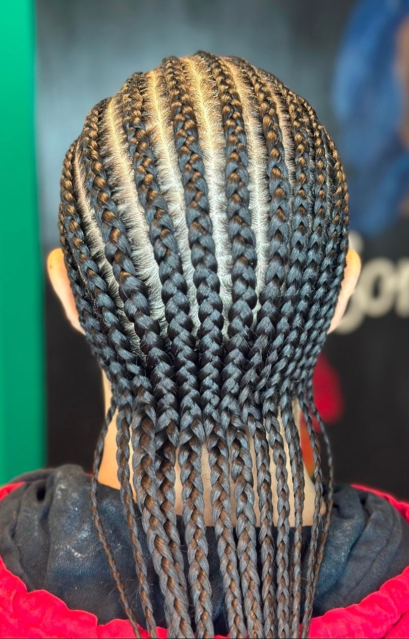 Close-up of neatly braided hair with long sectioned braids down the back against a blurred blue background