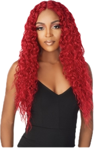 Woman with long, bright red curly hair, wearing a black top.