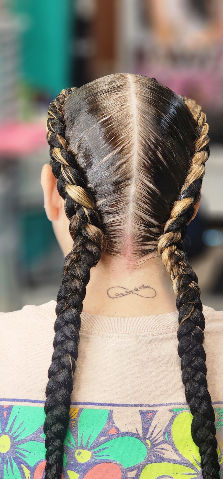 Back view of braided hairstyle with two long plaits and a center part