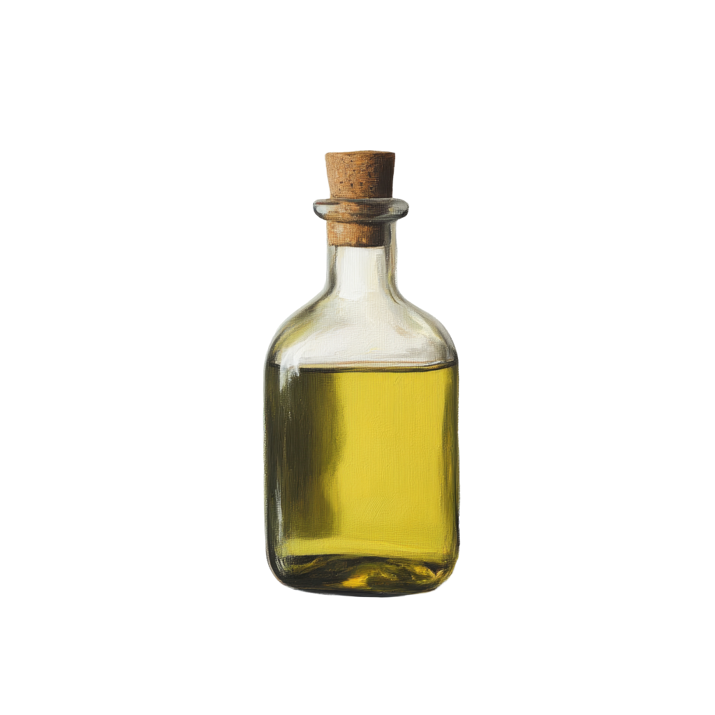 Bottle of yellow oil with a cork stopper.