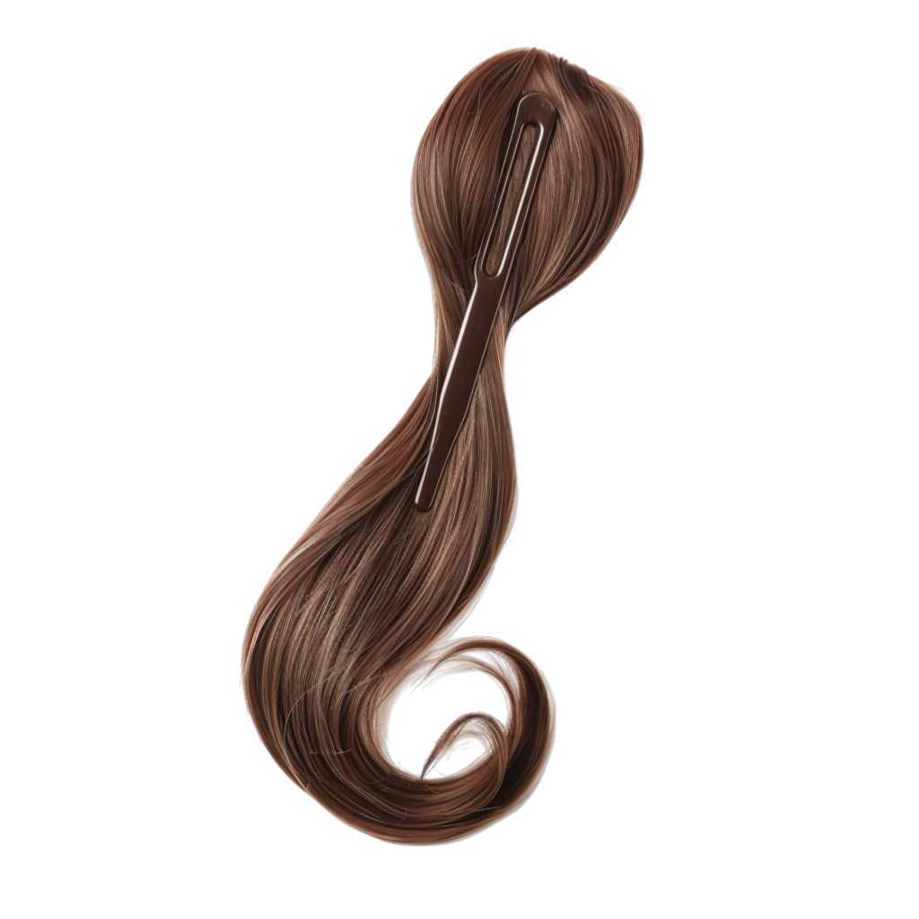 Brown hair with a comb, swirling into a curl against a white background.