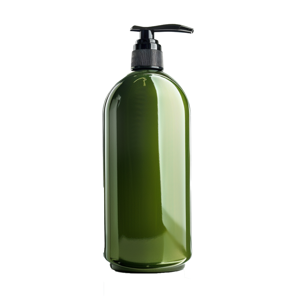 Olive green liquid soap dispenser with black pump.