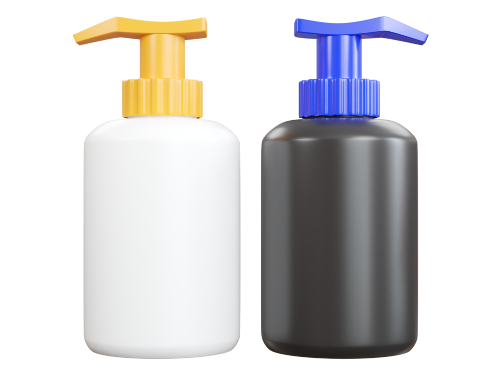 White and black lotion bottles with yellow and blue pump tops.