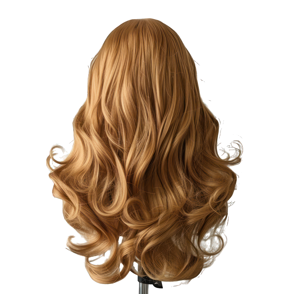 Back view of a wavy, golden-brown wig on a stand.