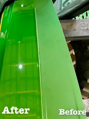 A before and after picture of a green escalator.