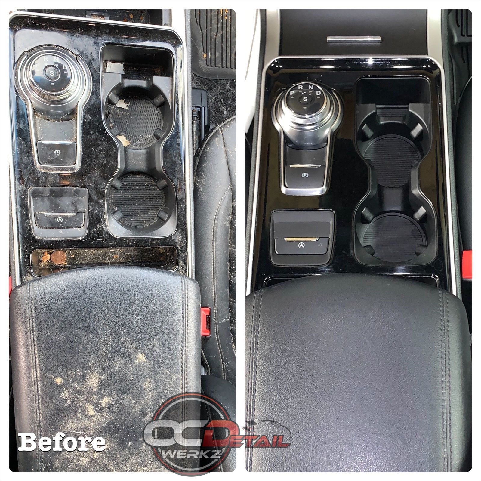 A picture of a car console before and after being cleaned.