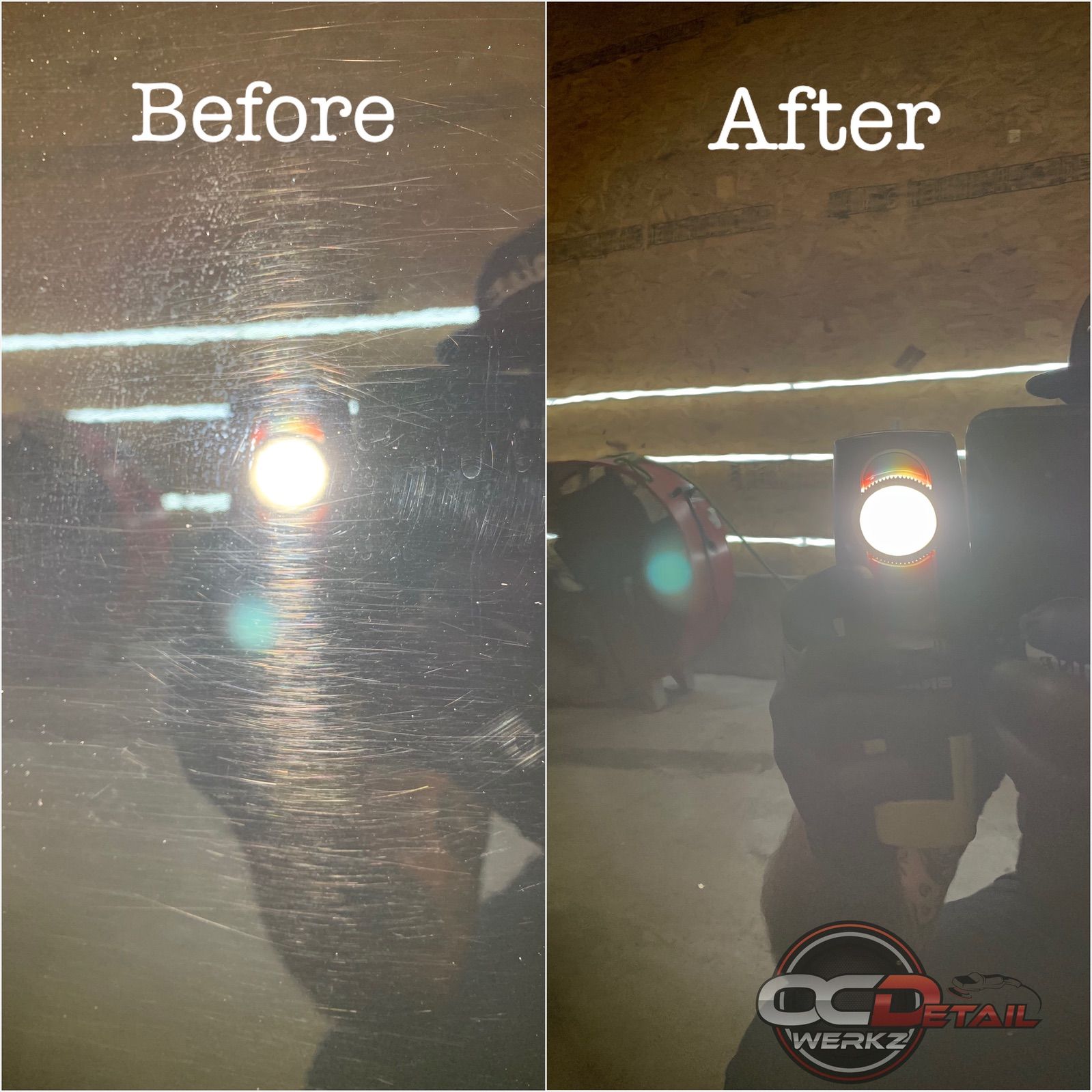 A picture of a car before and after polishing