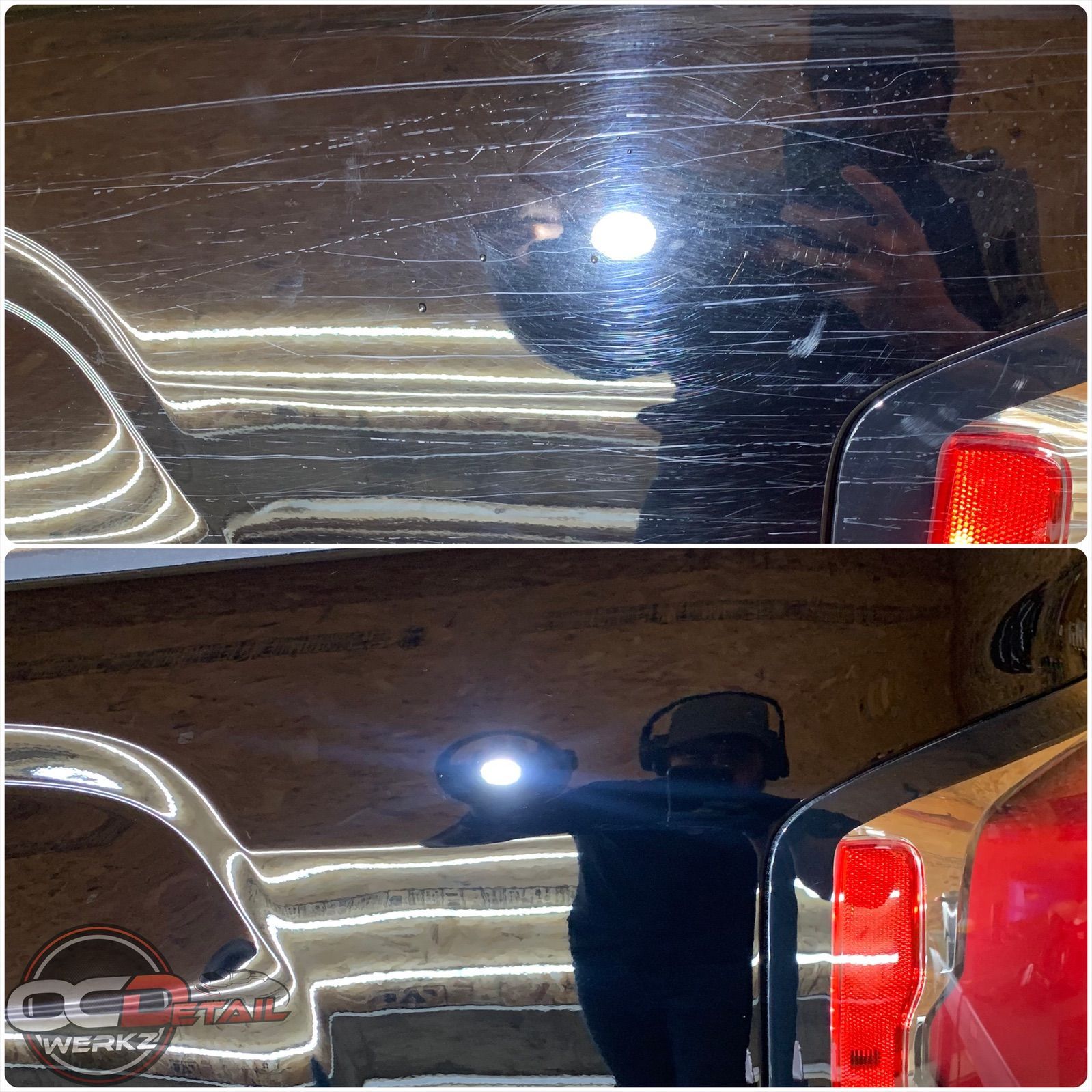 A before and after picture of a truck being polished