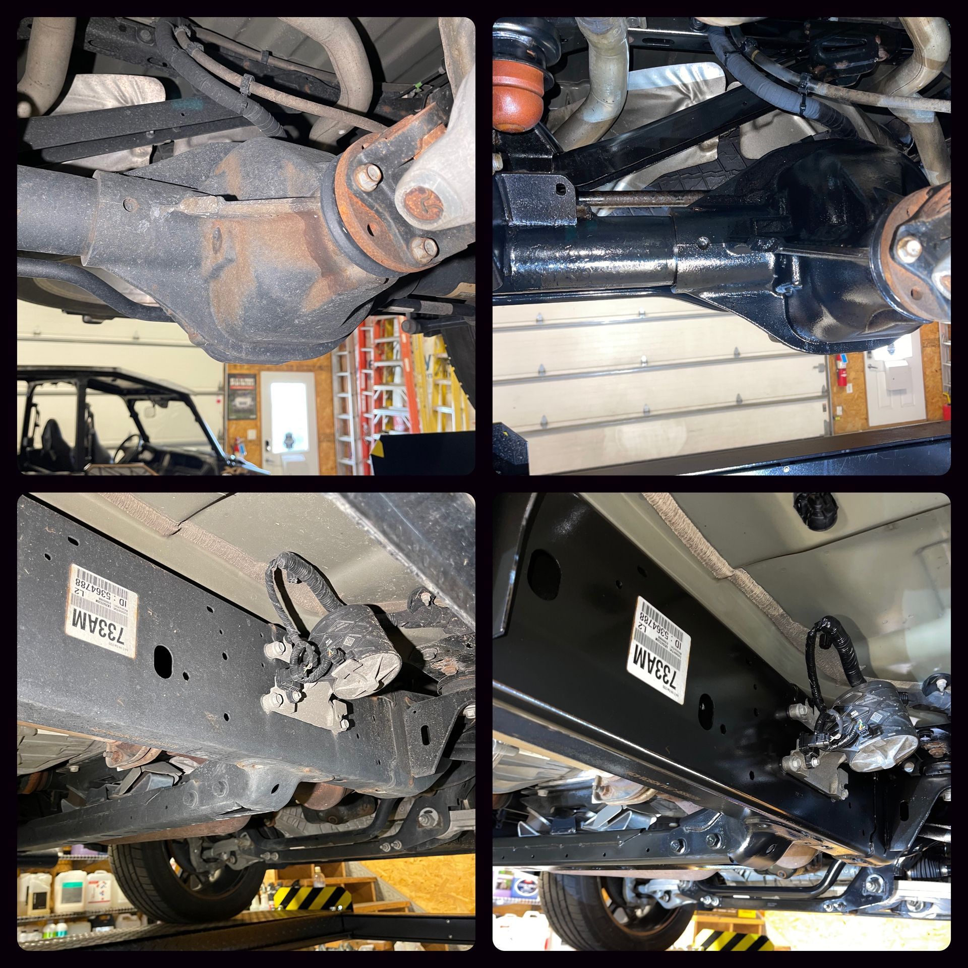 A collage of four pictures of the underside of a vehicle