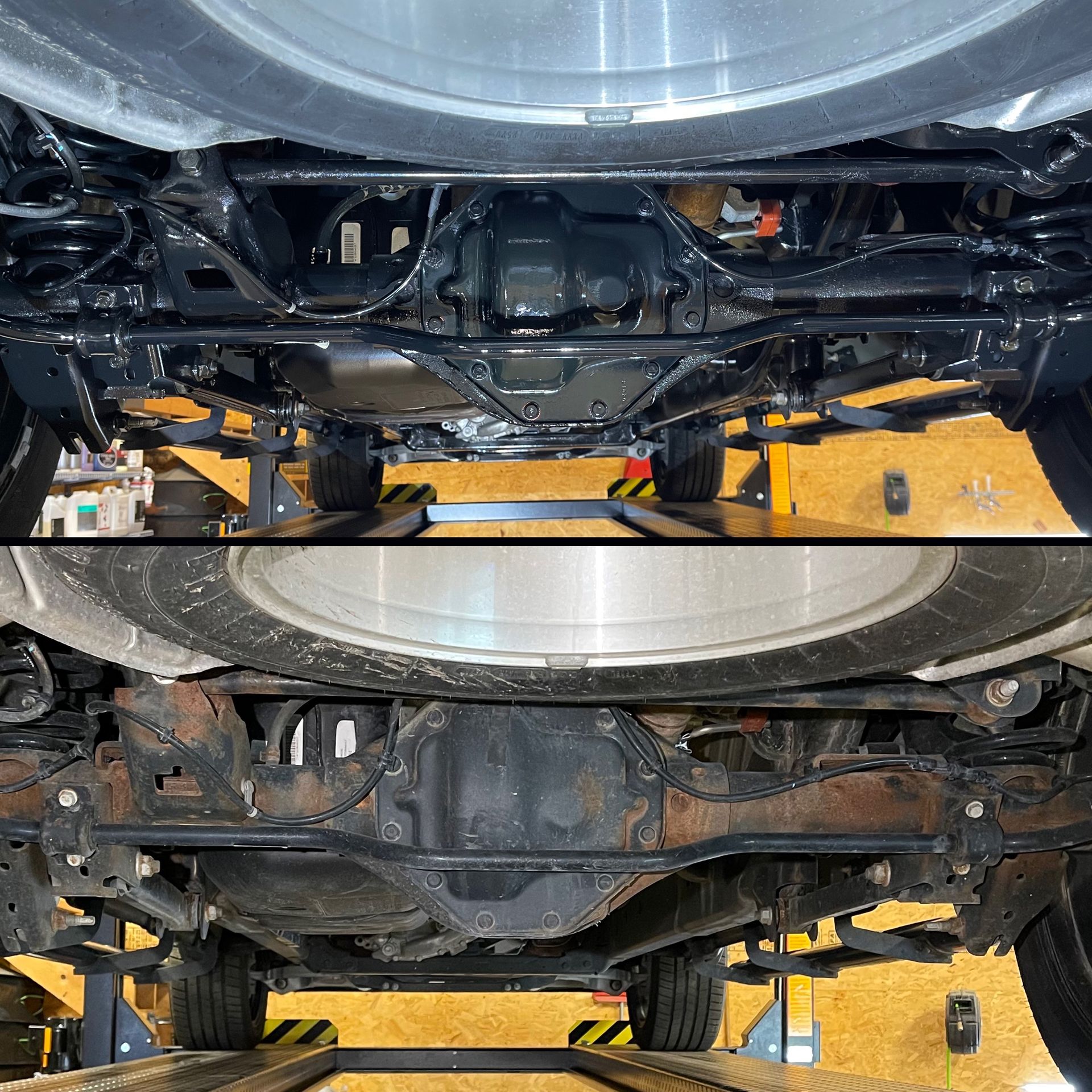 The underside of a car is shown in a collage