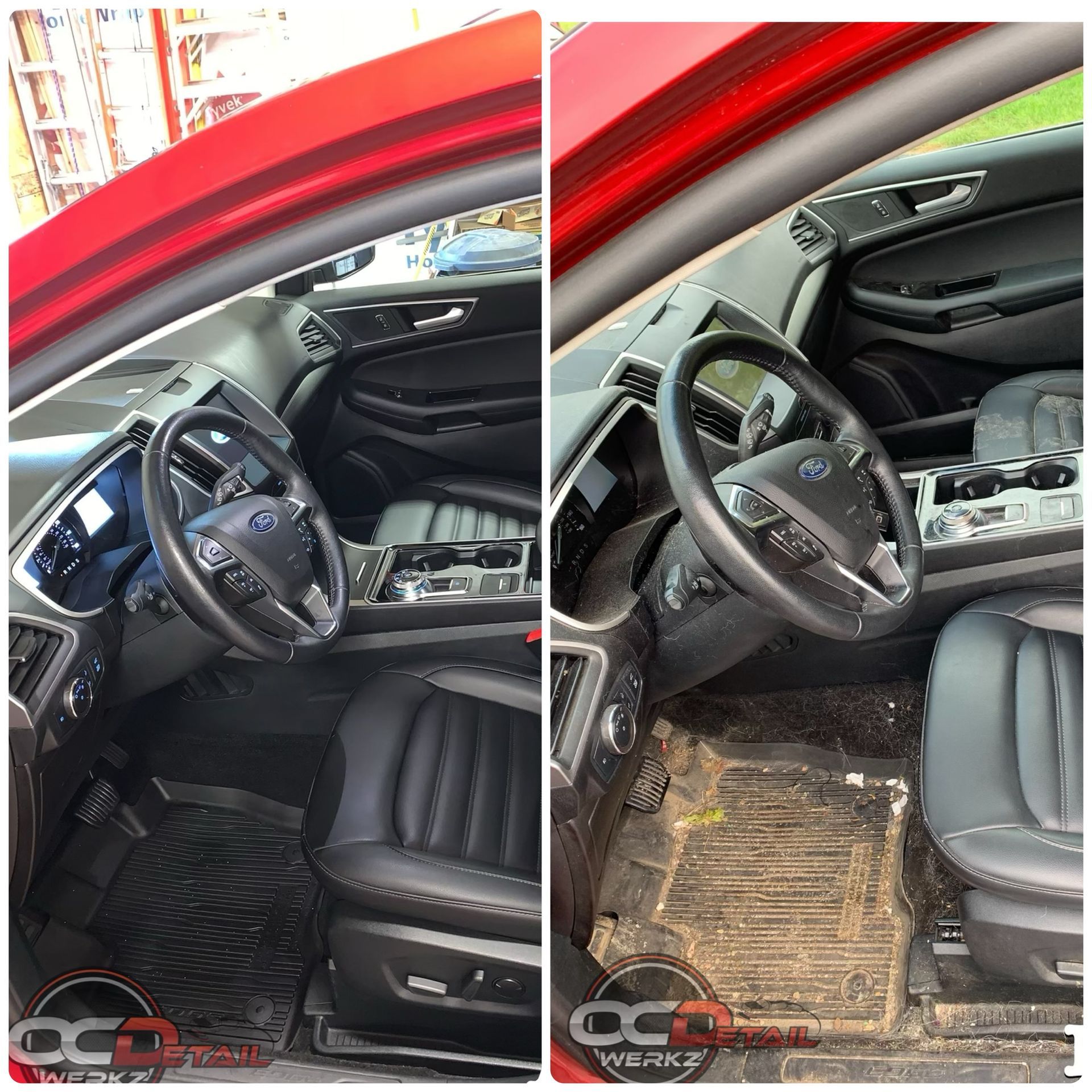 A before and after picture of the interior of a red ford edge.