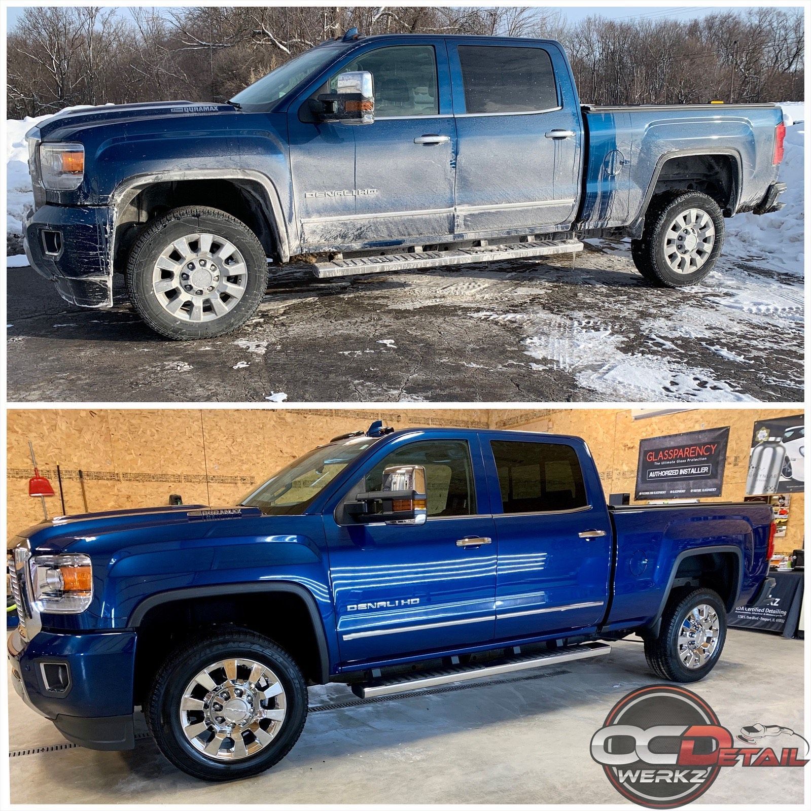A before and after picture of a dirty truck and a clean truck.