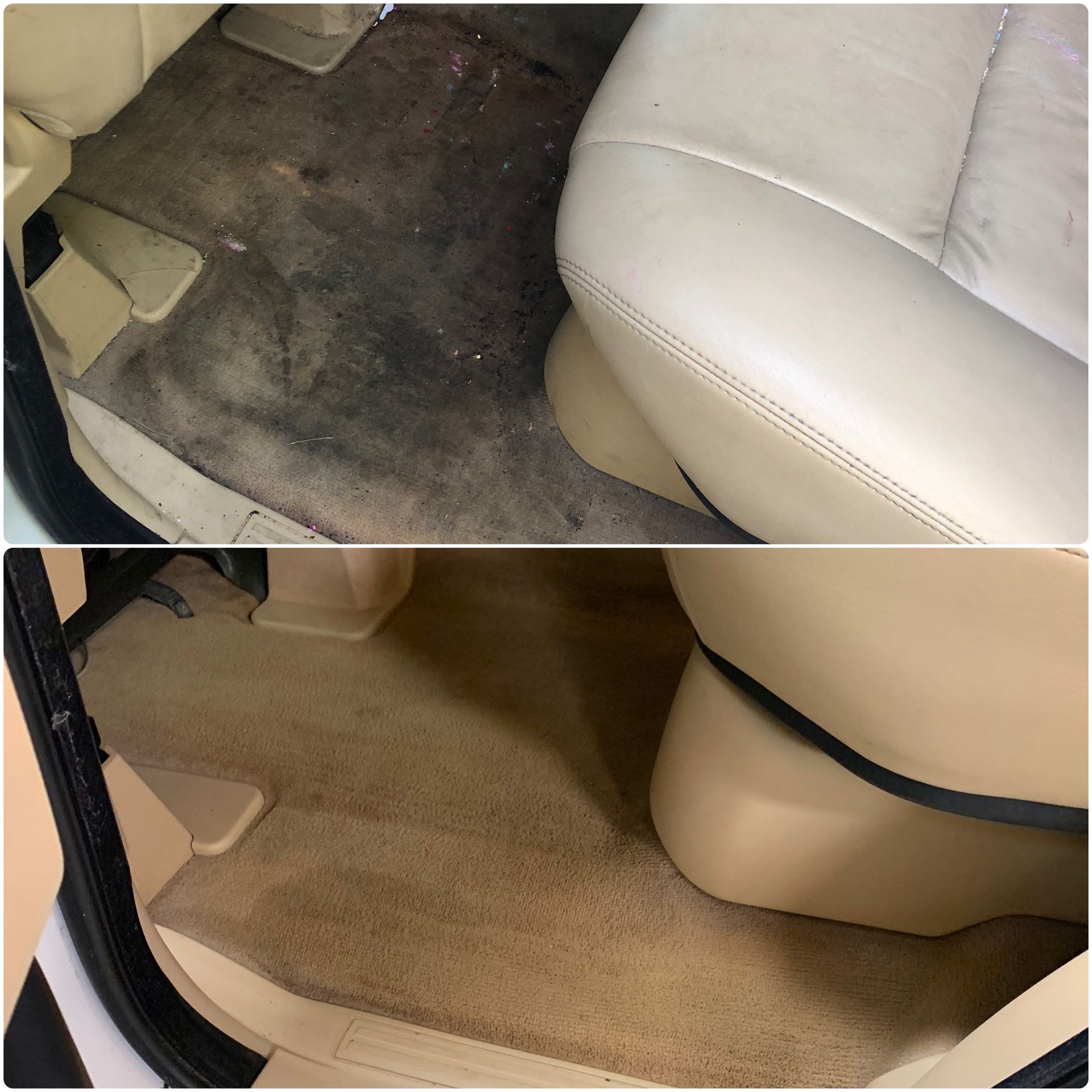 A before and after picture of the interior of a car
