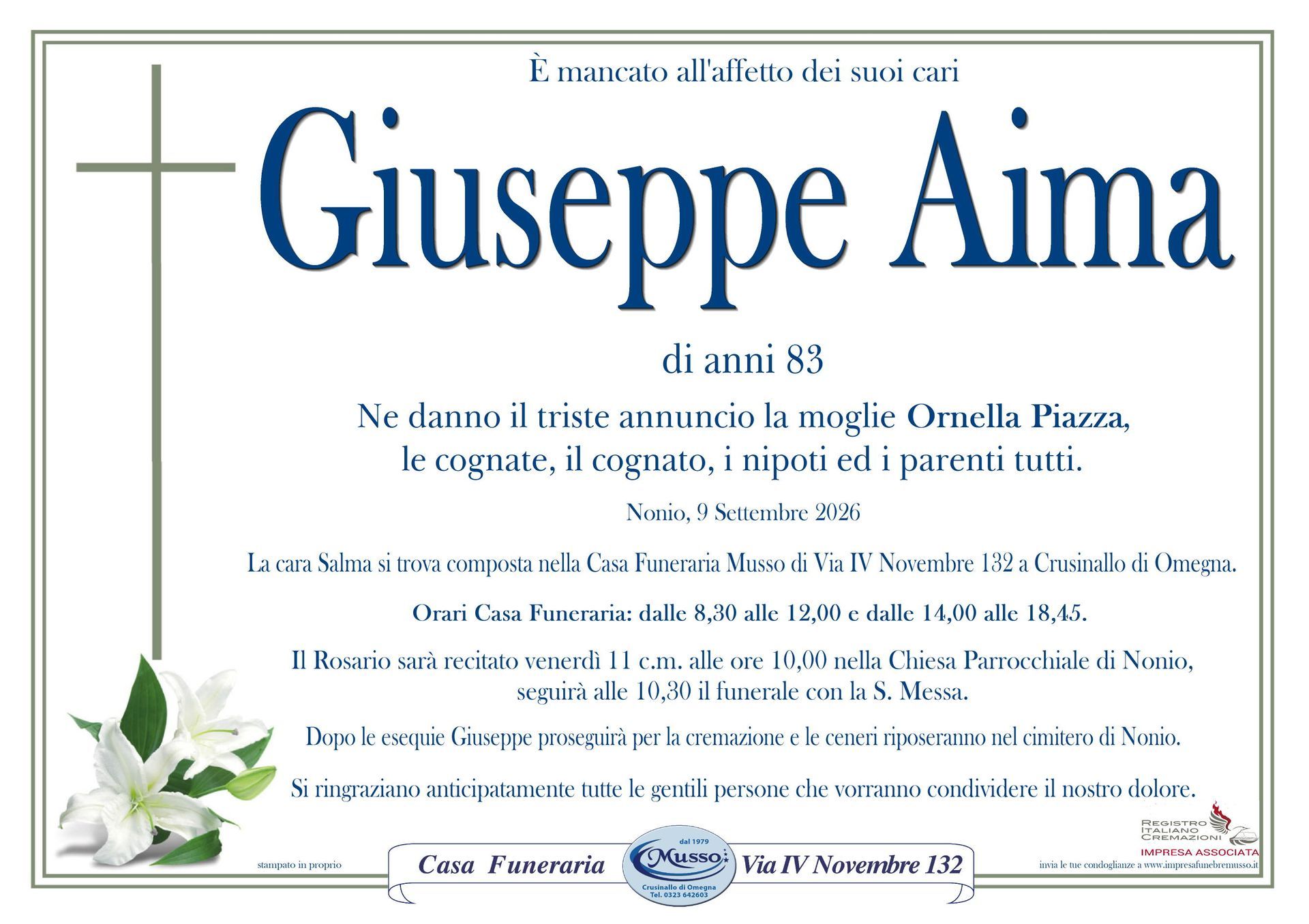 necrologio Giuseppe Aima
