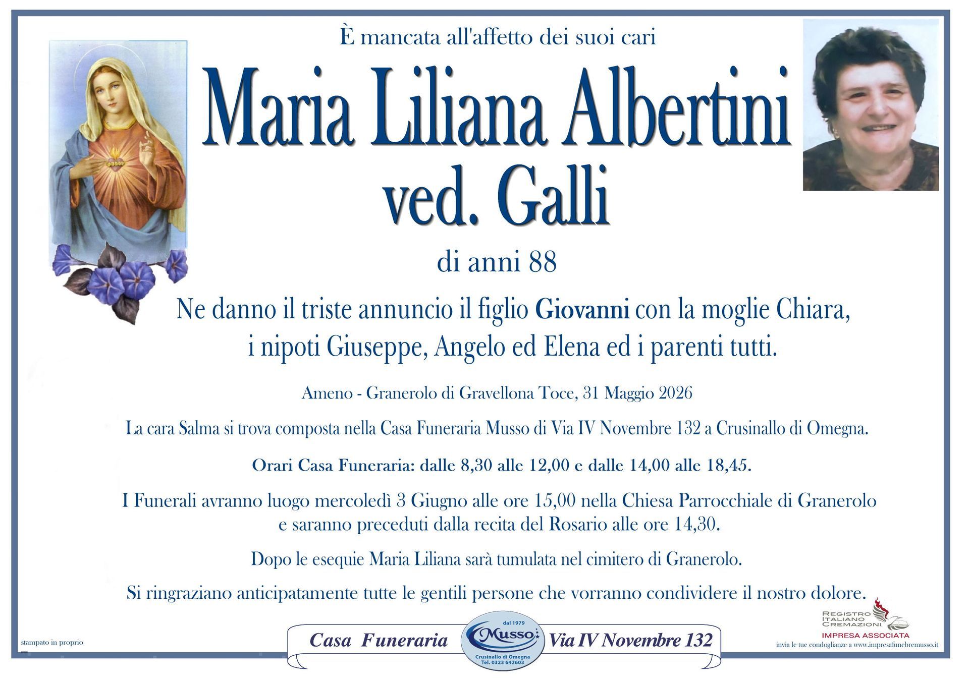 necrologio Albertini M.Liliana ved. Galli