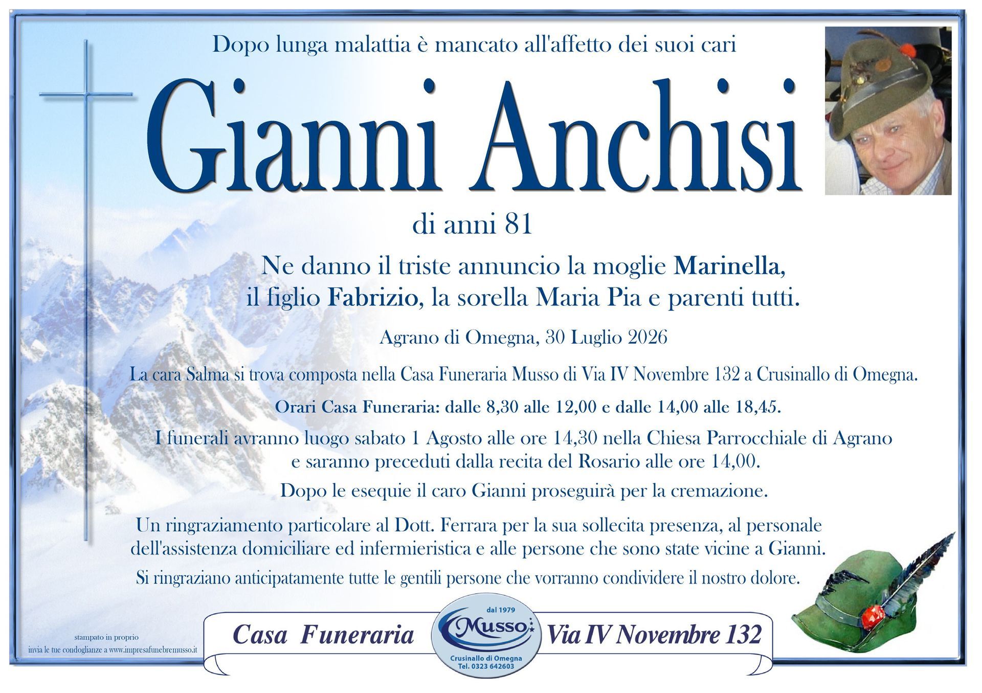 necrologio Gianni Anchisi