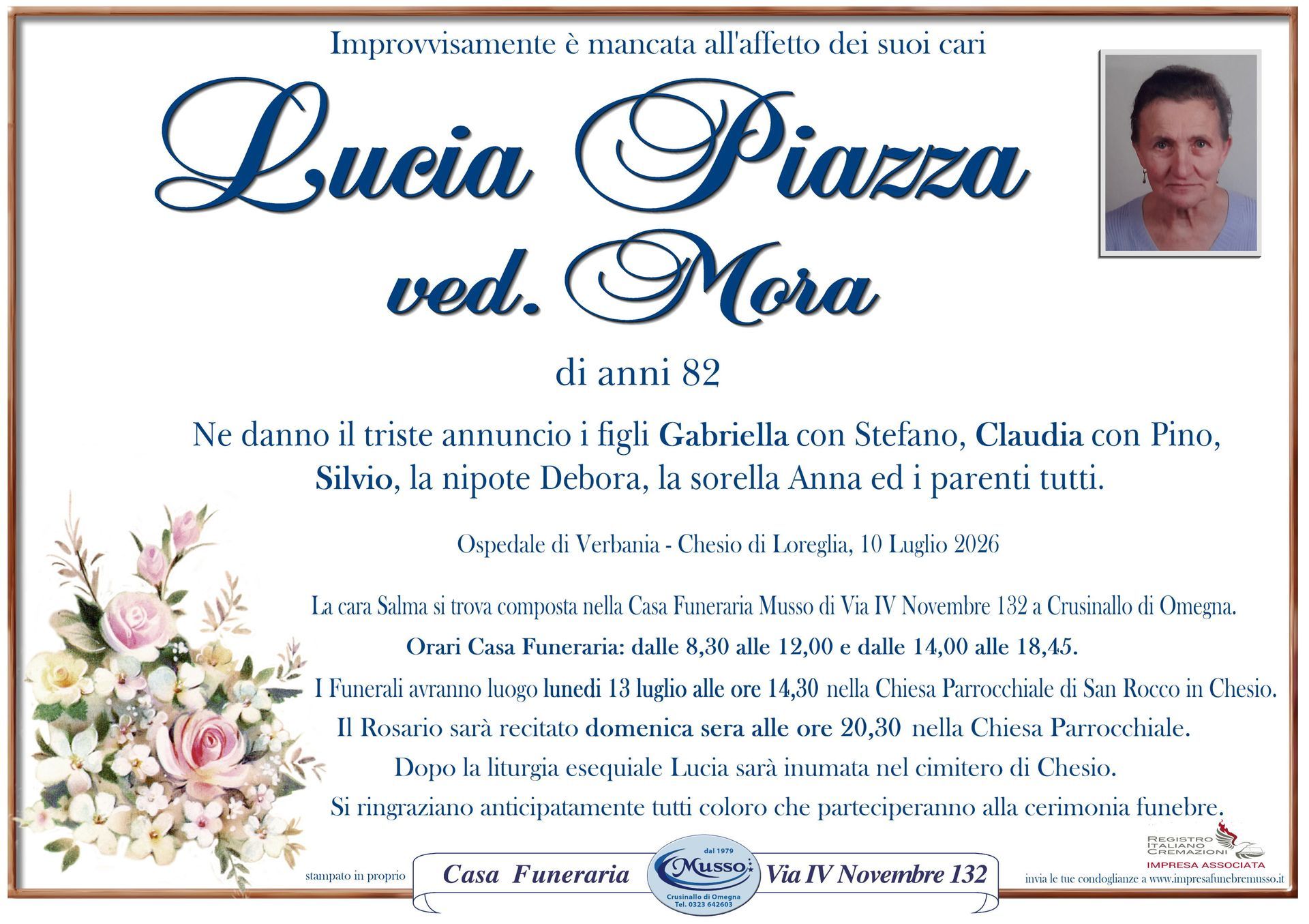 necrologio Piazza Lucia ved.Mora