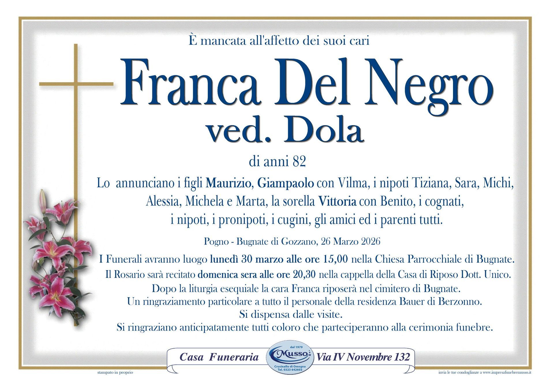 necrologio Del Negro Gianfranca ved.Dola