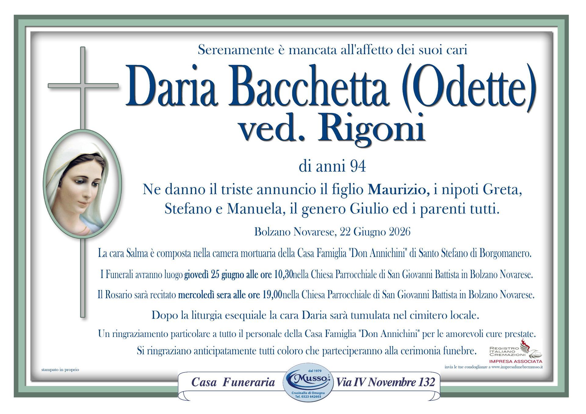 necrologio Daria Bacchetta (Odette) ved. Rigoni