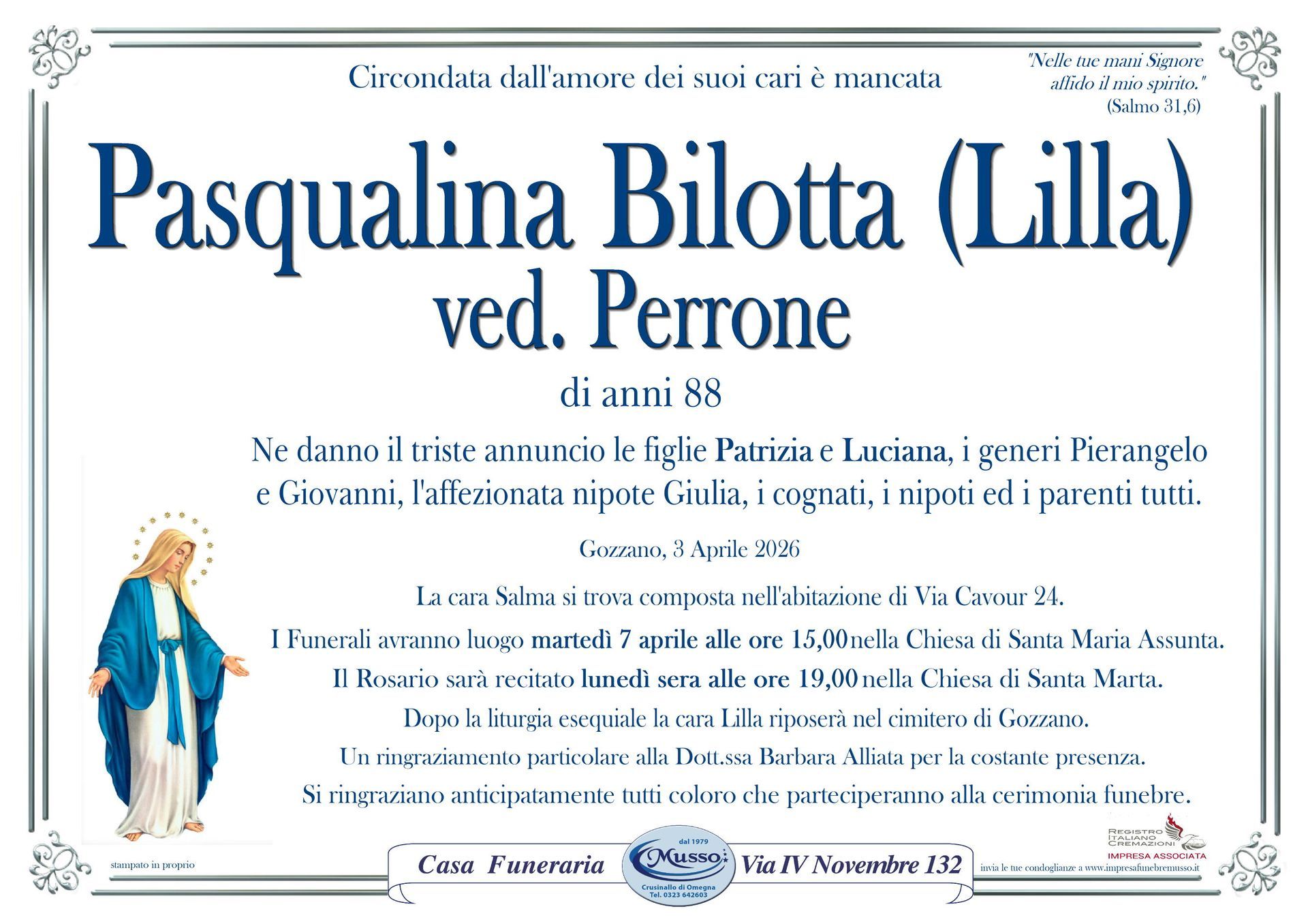 necrologio Pasqualina Bilotta (Lilla) ved. Perrone