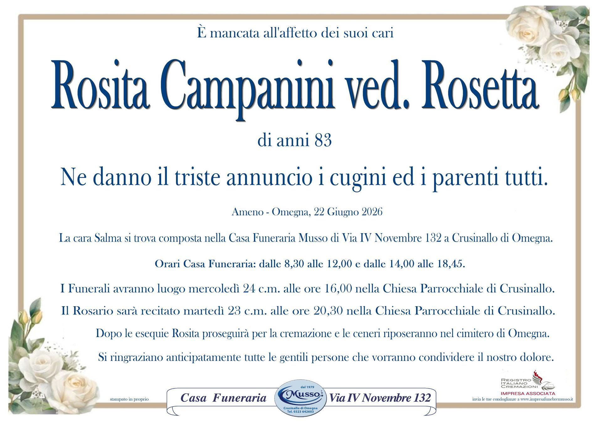 necrologio Rosita Campanini ved. Rosetta